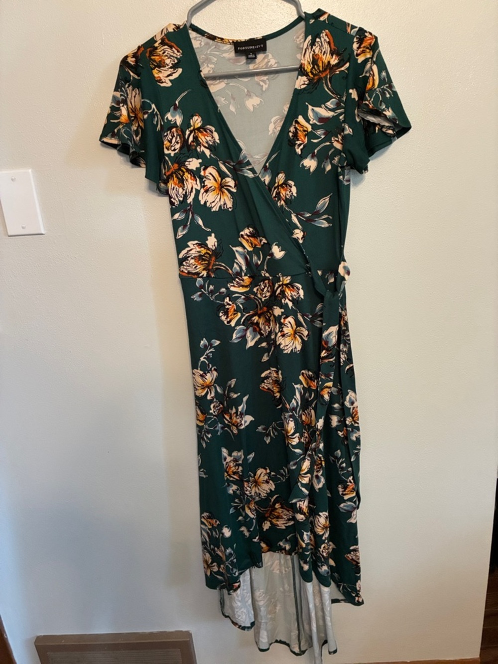Fortune + Ivy Green Floral High-Low Wrap Dress